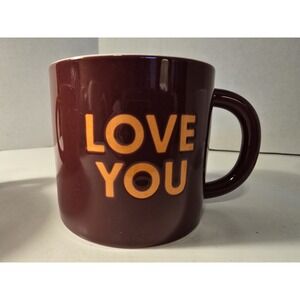 Room‎ Essentials Stoneware "Love You" Mug (new) #2 Maroon Orange Text 4 inches